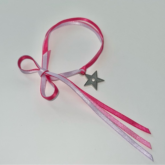 VTG Christian Dior Beauty Pink Ribbon Bow & Star Charm Tie Around Bracelet - Picture 5 of 14